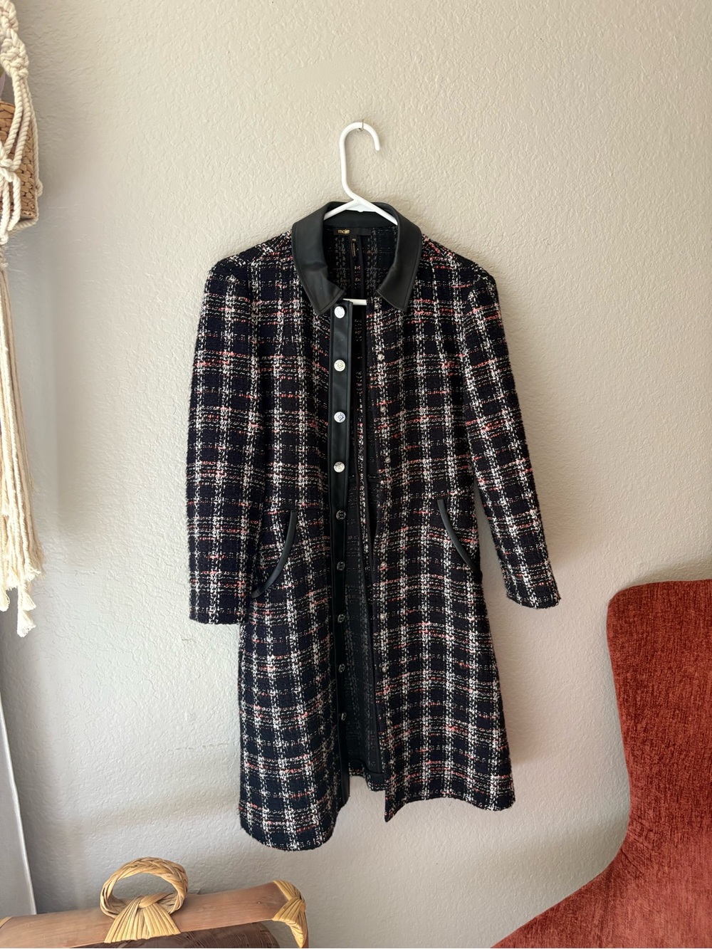 Maje Women's Black Plaid Tweed Long Coat with Leather Trim 40